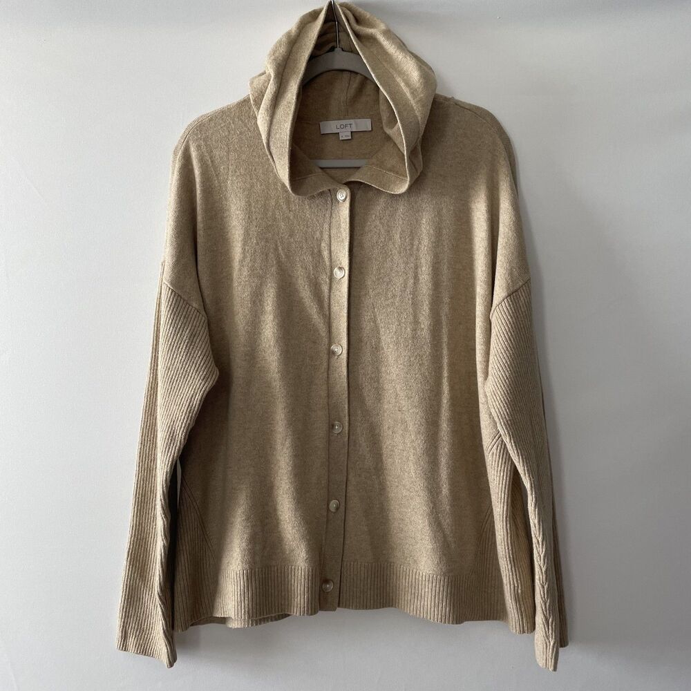 LOFT Hooded Button Front Knit Cardigan Beige Long Sleeve Women's Size XL-dmpv
